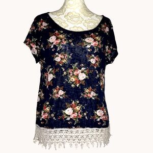 Maeve Anthropologie Floral Rose Lace Boho Knit Top Blouse Navy L bv